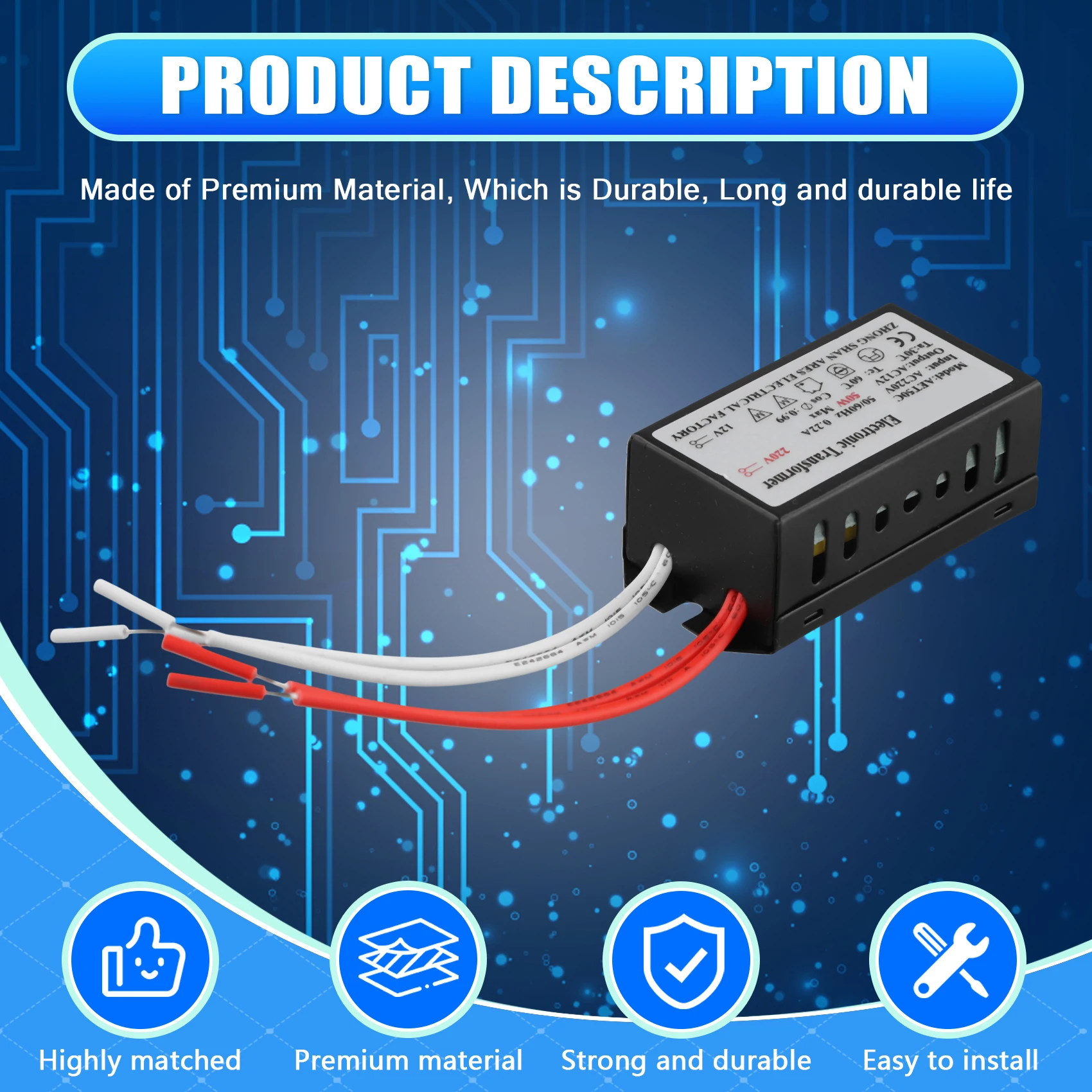 Transformador electrónico 6 uds transformador electrónico adaptador de 220V a 12V para lámpara de cuarzo halógena de cristal 50W