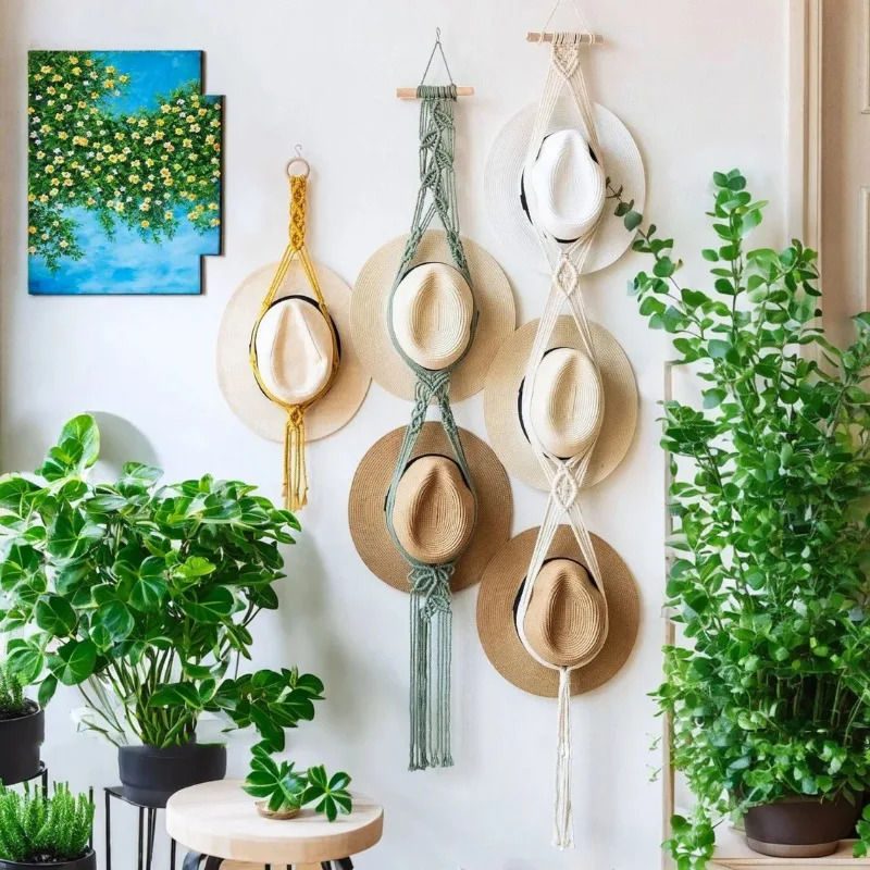 Creative Hand-woven Macrame Tapestry Decoration Boho Wall Hanging Hat Storage Hat Rack Cotton Rope Caps Holder Organizer Display