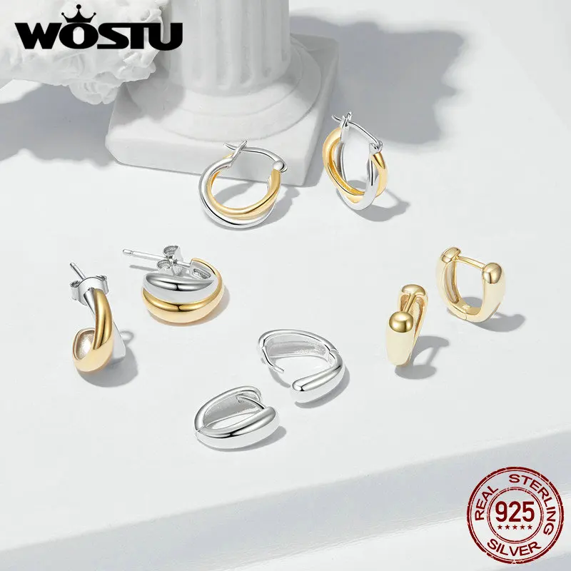 WOSTU Simple Circle Wedding Earrings Hoops For Women 925 Sterling Silver 18K Gold Two-Tone Ear Buckles Bridal Engagement Earring