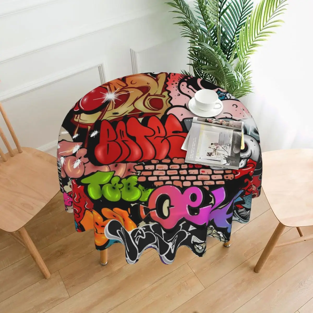 Word Graffiti Round Tablecloth Urban Dynamic Street Art Waterproof Table Cloth Modern Home Party Dining Room Graphic Table Cover