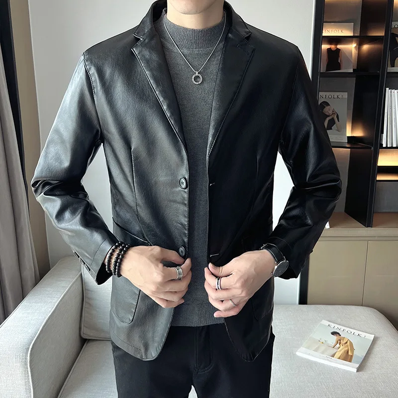 New men's slim fit leather jacket, business fashion, high-quality suit jacket, single Western Korean style  motorcycle jacket