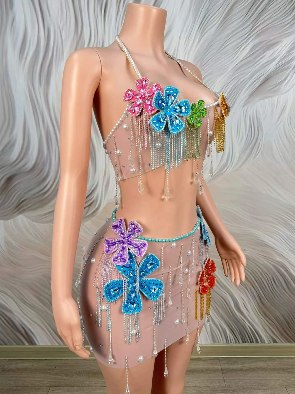 Sparkly Rhinestones Pearls Top Mini Skirt Two Pieces Set Sexy Transparent Celebrate Evening Prom Birthday Dress Photo Shoot Wear view 2