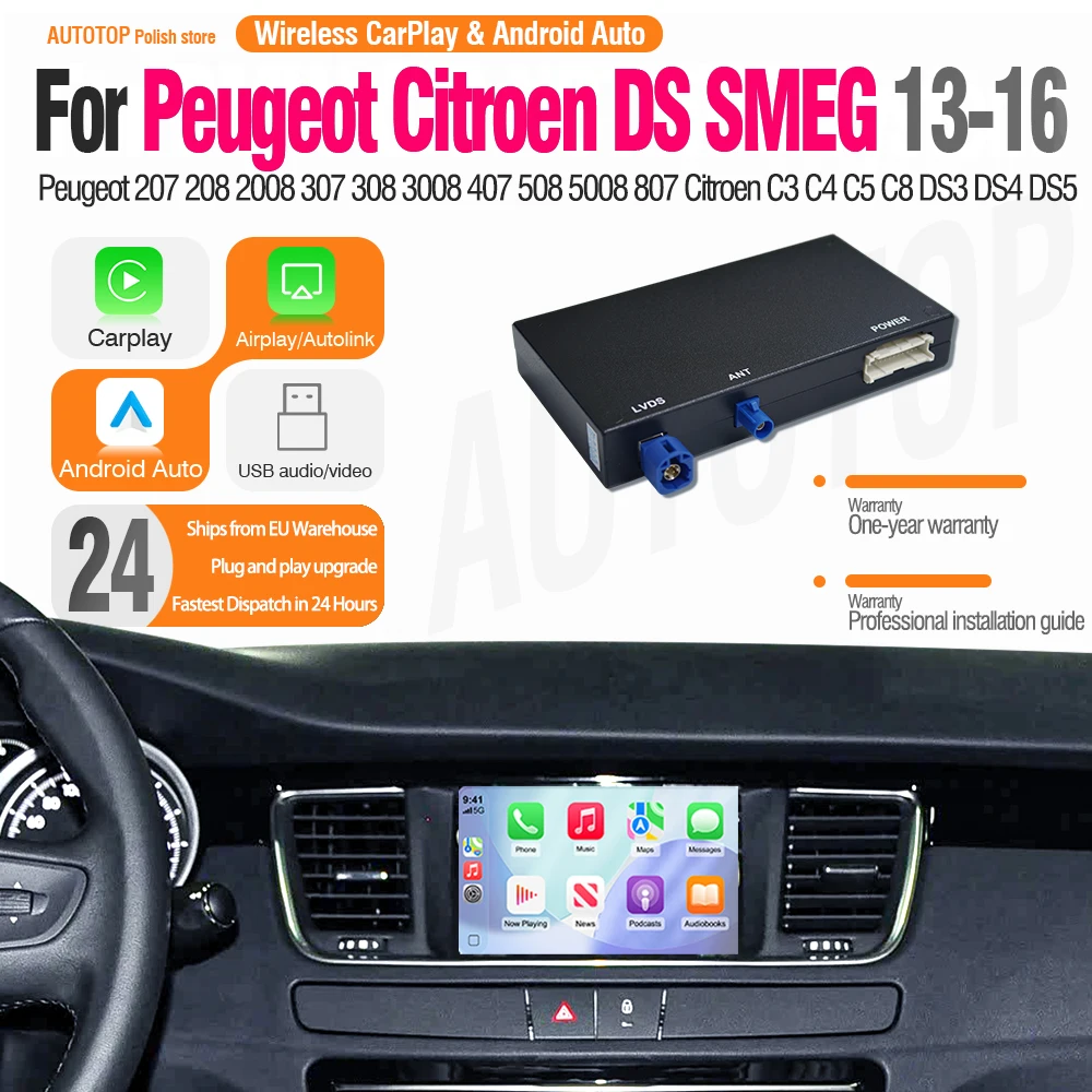 AUTOTOP CarPlay Wireless e Android Auto per Citroen C4 C5 DS3 DS4 DS5 Peugeot 208 308 508 3008 con Supporto per Telecamera di Retromarcia