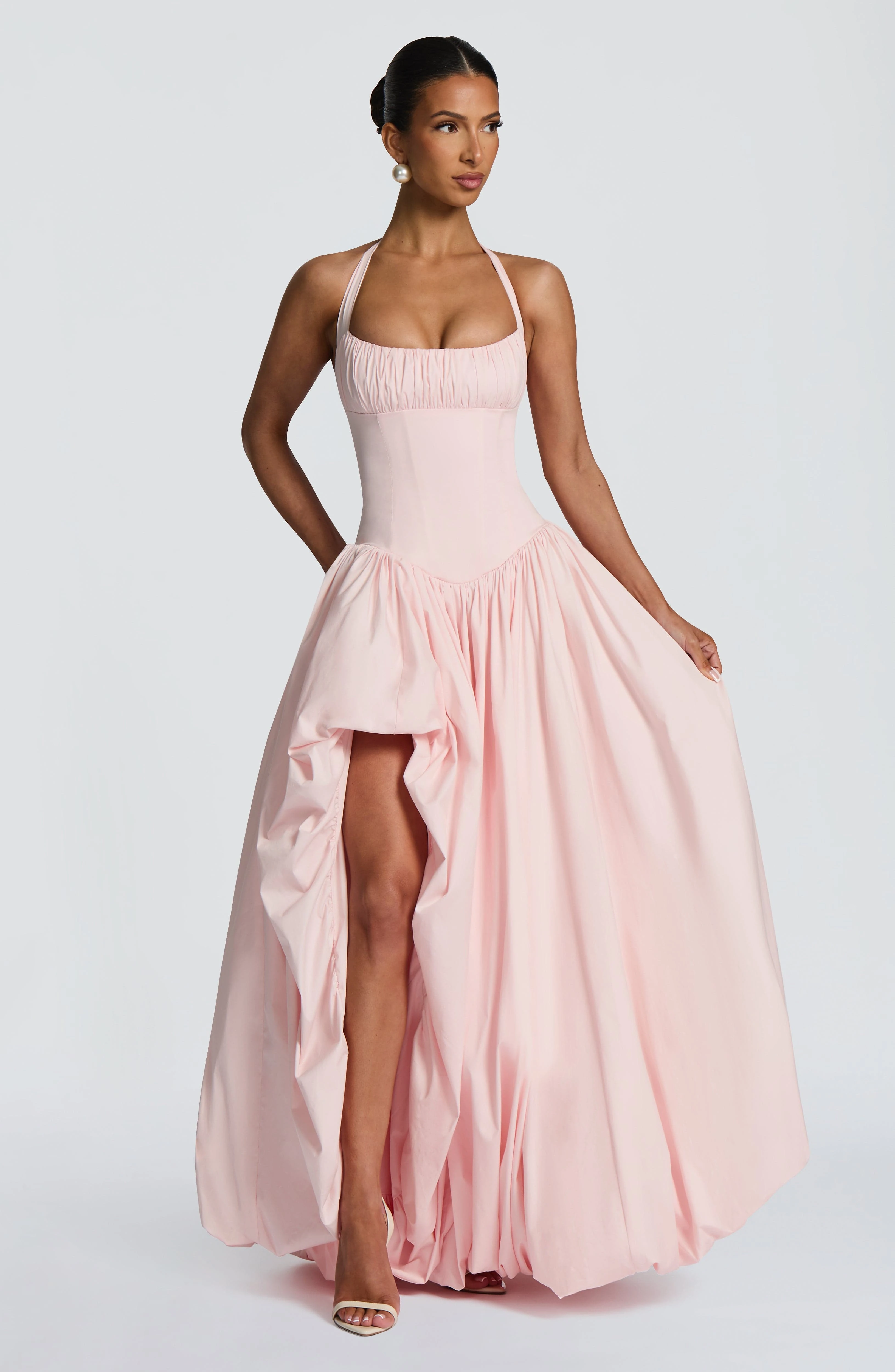 Putao Women Pink Halter Prom Dresses Corset Maxi Dress High Slit Elegant Formal Evening Birthday Party Long Gown - view 3