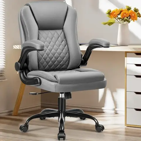 Leather Executive Office Chair, Ergonomic Computer Desk Chair with Wheels, Swivel Task Chair with Lumbar Support