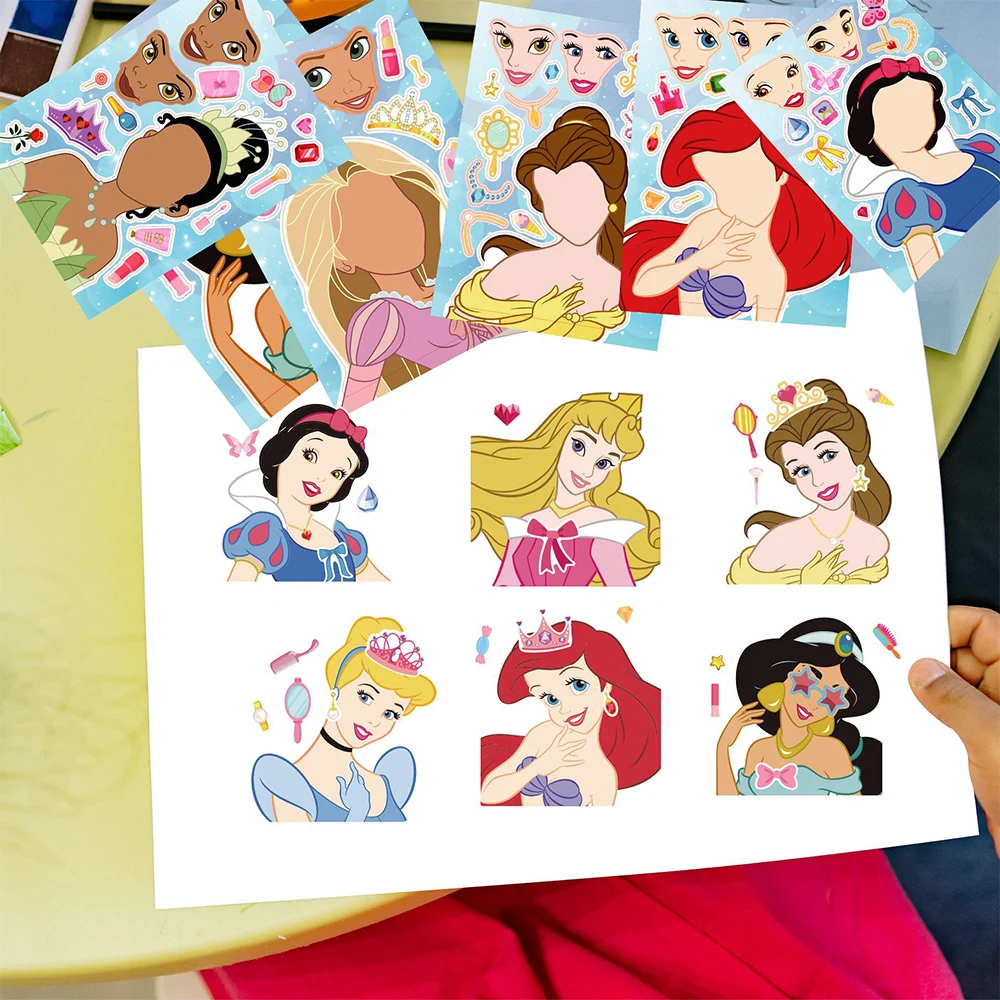 Disney-Make a Face Princess Puzzle Adesivos, Crie seu próprio jogo, Kids Assemble Jigsaw, Brinquedos Educativos para Crianças, Presente, 8 folhas, 16 folhas