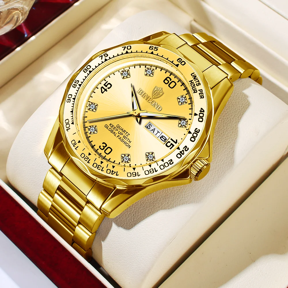 BINBOND Brand Commercial Men's Quartz Watch Week Display Complete Calendar 30M Water-Resistance Back Light Birthday Gift Box