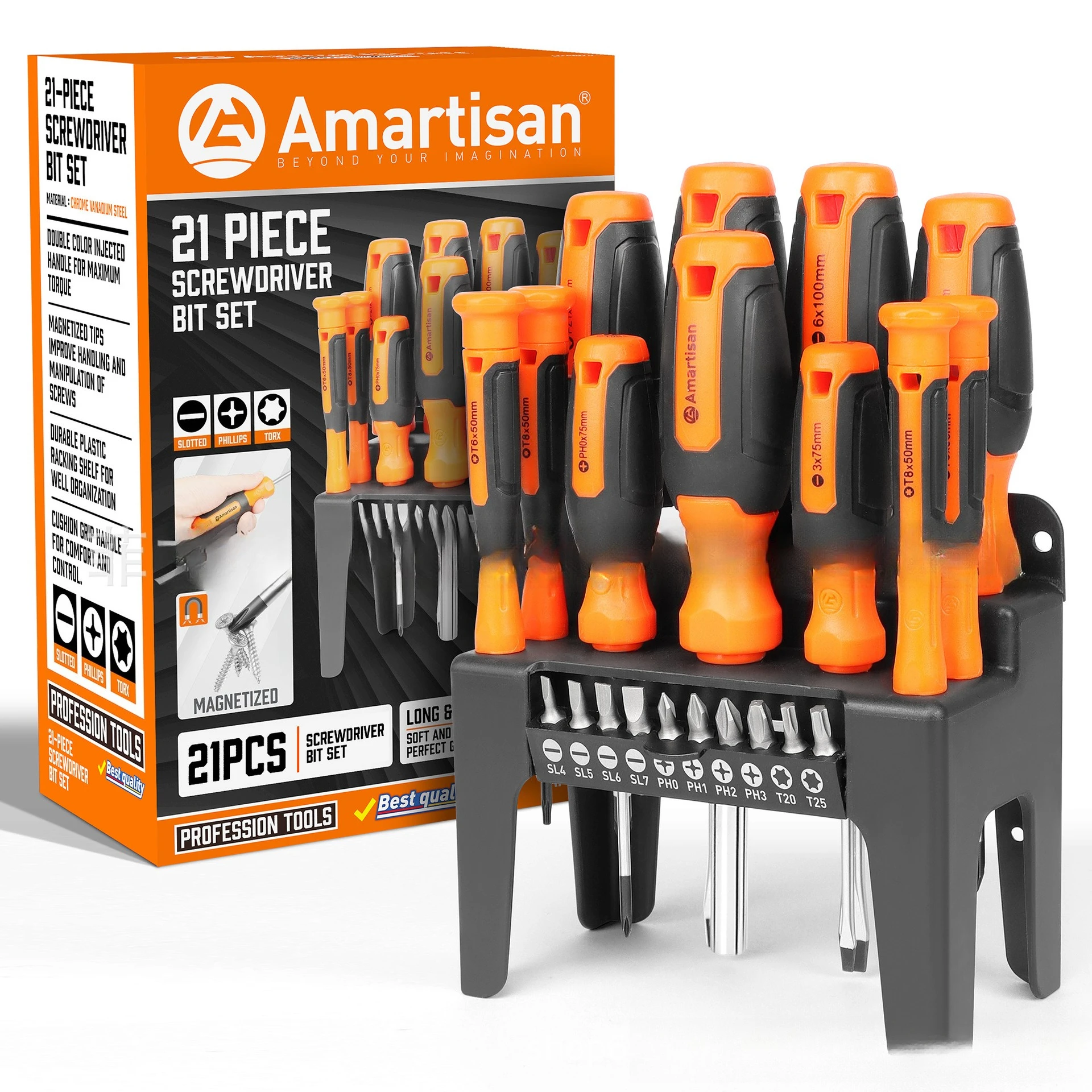 

21-Piece set, one-word cross plum blossom screwdriver with batch and plastic bracket, hand tool screwdriver sturdy and durable