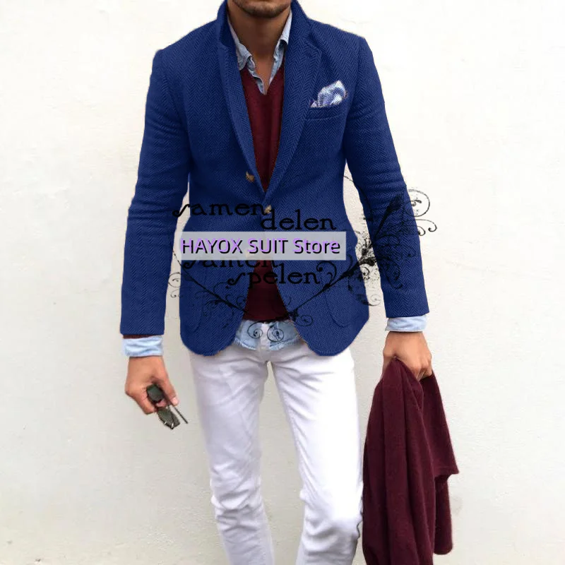 2022 elegante Mode Männer Tweed-Blazer Set Slim Fit Einreiher Mehrere Taschen Kostüm Homme Smoking