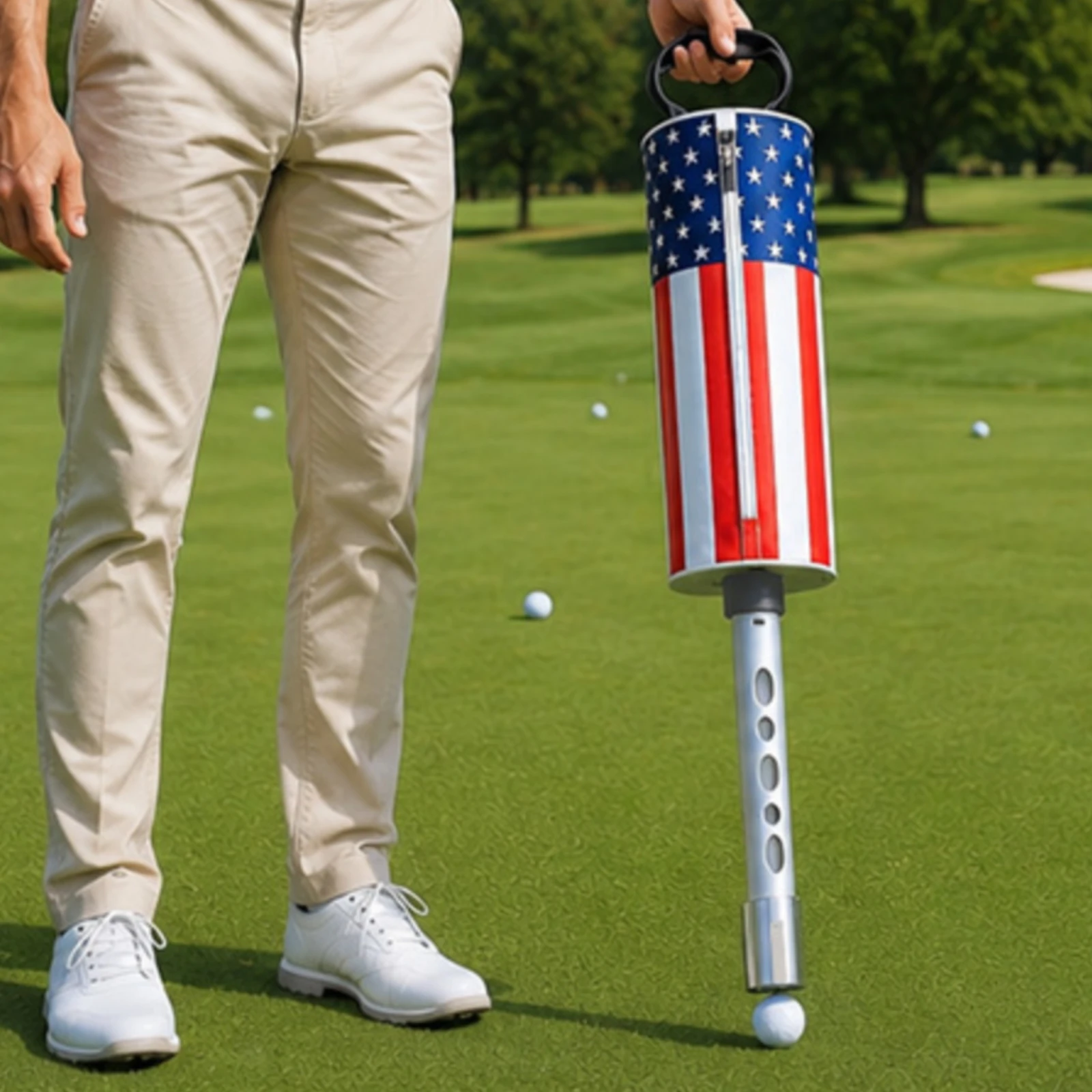 Golf Ball Retriever with Bag Patriotic Shag Bag Golf Ball Picker Tube Easy to Use Detachable for Golfers, Driving Range