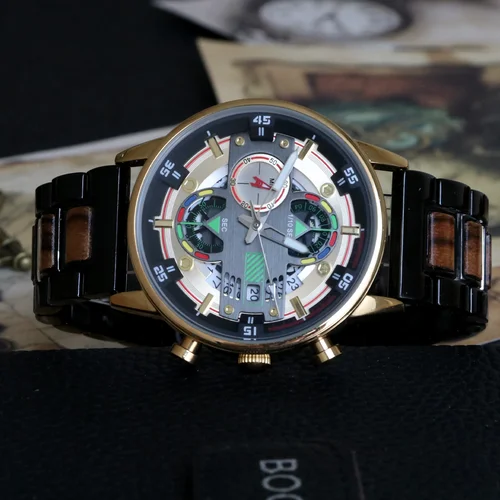 Imagen 1 del producto Nuevo reloj de cuarzo multifuncional de acero y madera para hombre, reloj de madera