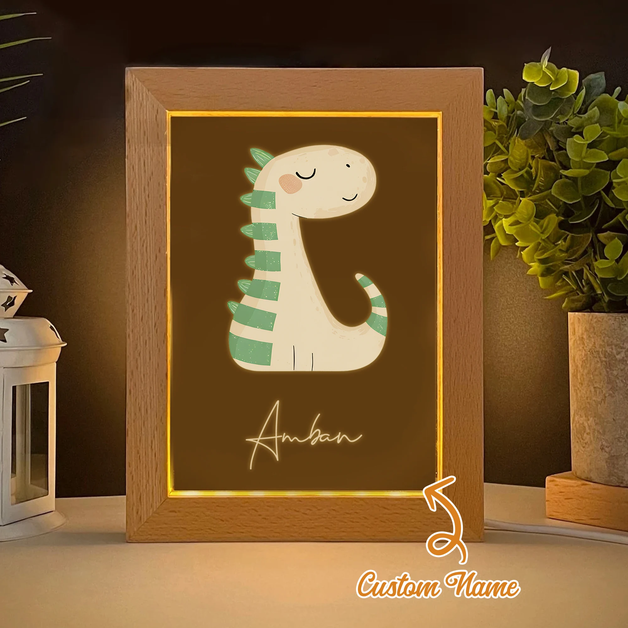

2D Flat Custom Name Dinosaur LED Acrylic Night Light Wood Photo Frame 21x17cm Cartoon Children's Bedroom Gifts Home Decor