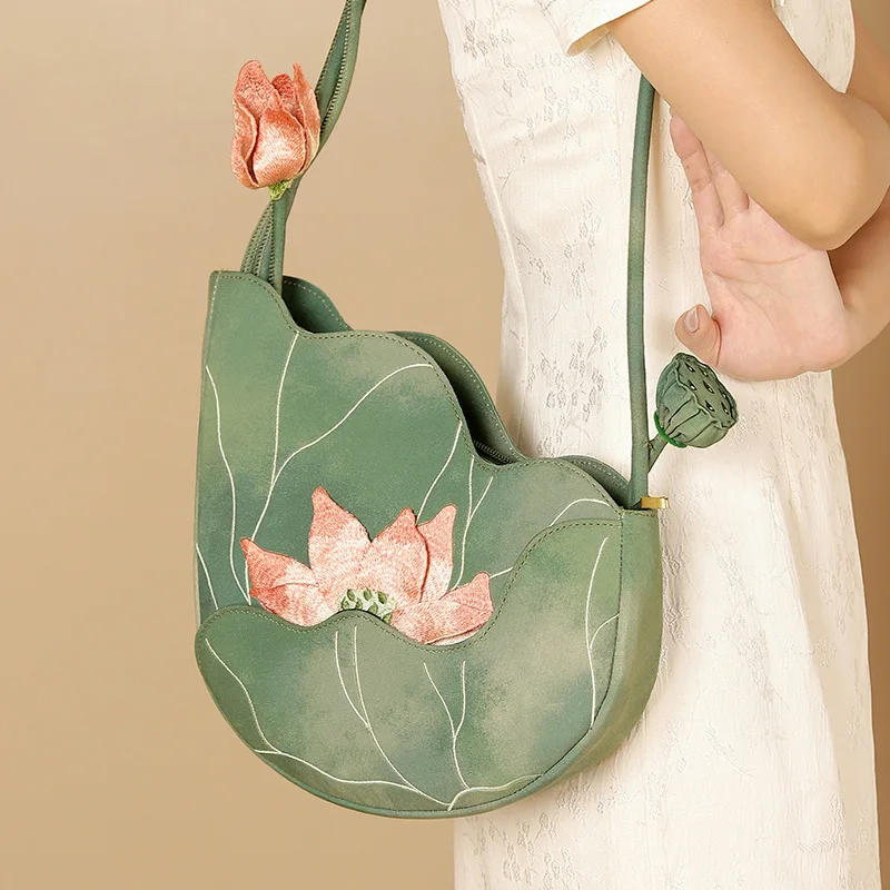 

Women New Chinese Style Hand-embroidered Literary Cheongsam Bag Lotus Floral Tote Shoulder Bag Sweet Dress Handbag Crossbody Bag
