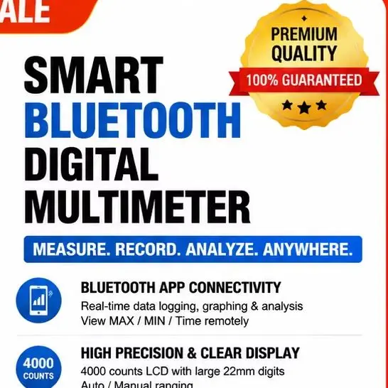 LIMITED DISCOUNT Digital Smart Multimeter 4000 Counts, Bluetooth APP Data Logging 600V, Auto-Ranging AC/DC Volt Current Temp