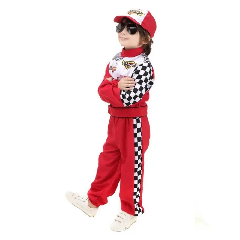 Kids Halloween Racer Cosplay Red Race Car Driver Uniform Boys Children\'s Racing Driver Costume Fancy Dress Masquerade Costume