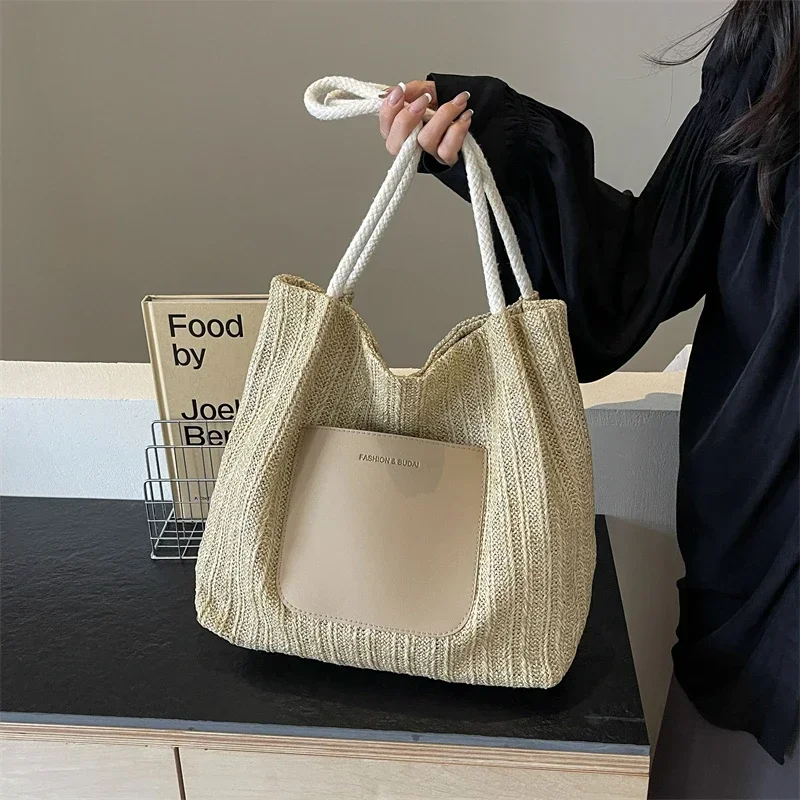 

New Simplicity Straw Zipper Women's Shoulder Bags 2024 High Quality Casual Woven Large Capacity Youth Bags for Women Bolso Mujer