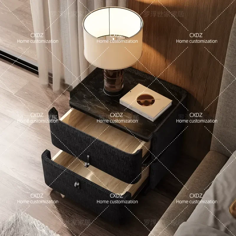 Black Italian Minimalist Modern Bedside Table with Fabric Storage Locker for Bedroom Nightstand End Table Home Furniture
