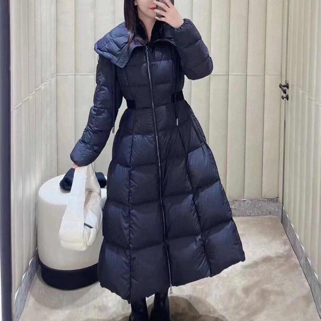 2024 New Fashion Winter Warm 90% White Goose Down Long Coat Women Hooded Long Sleeve Solid Plaid Quilting Slim Belt Thick Jacket