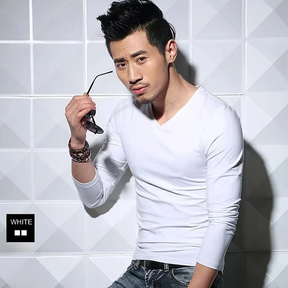 Men\'s T-Shirts Long Sleeve V Neck T Shirt 2026 MRMT Men Polyester T-Shirt Solid Color Slim Tight Man T Shirt For Male