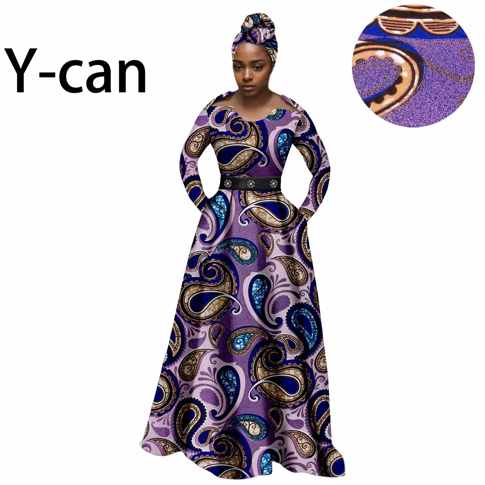 African Women Dress O-neck Long Sleeve Floor Length High Waist A-line Pleated Vestidos With Headscarf Causal Ankara Wax 2425112