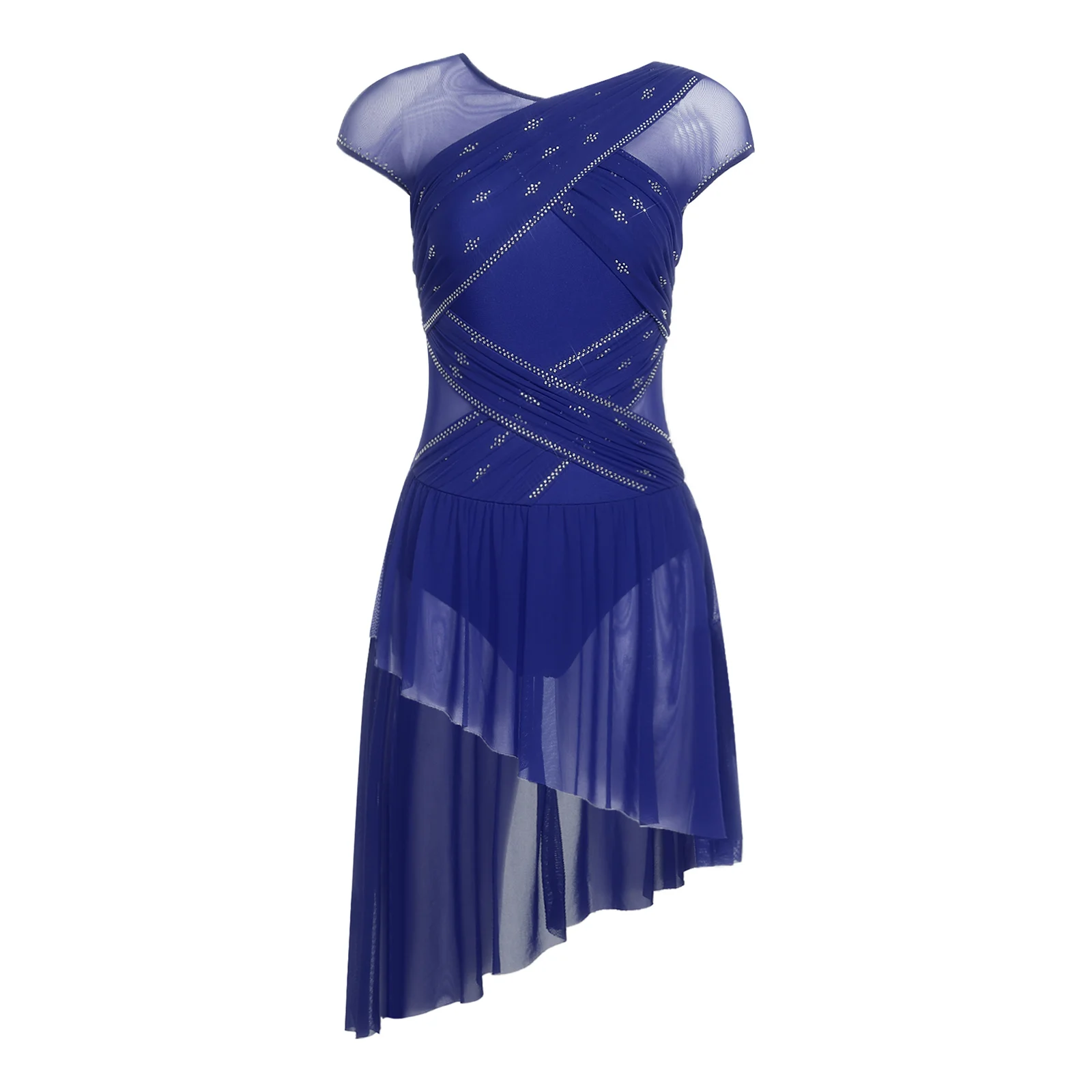 المرأة لامعة حجر الراين الحديثة الغنائية الرقص الشكل التزلج على الجليد فستان Ruched شبكة تراكب توتو الباليه الجمباز يوتار Dancewear