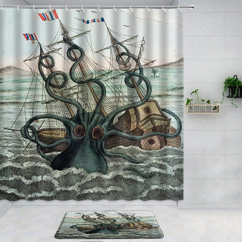 

Octopus Shower Curtain Nautical Marine Llife Kraken Sea Sailboat Bathroom Curtain Kid Room Bath Decor Fabric Anti Slip Bath Mat