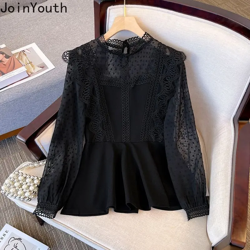 Oversized Shirts Women 2023 Blusas Mujer De Moda Patchwork Chiffon Polka Dot Blouses Sweet Lace See Throught Black Blouse Tops