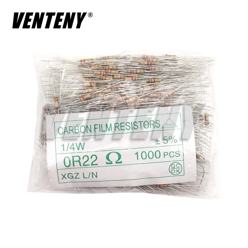 1000pcs 1/4W Carbon Film Resistor 5% 1R ~ 10M 0R 10R 100R 220R 330R 1K 2.2K 3.3K 4.7K 10K 22K 47K 100K 1M 0 10 100 220 330 ohm