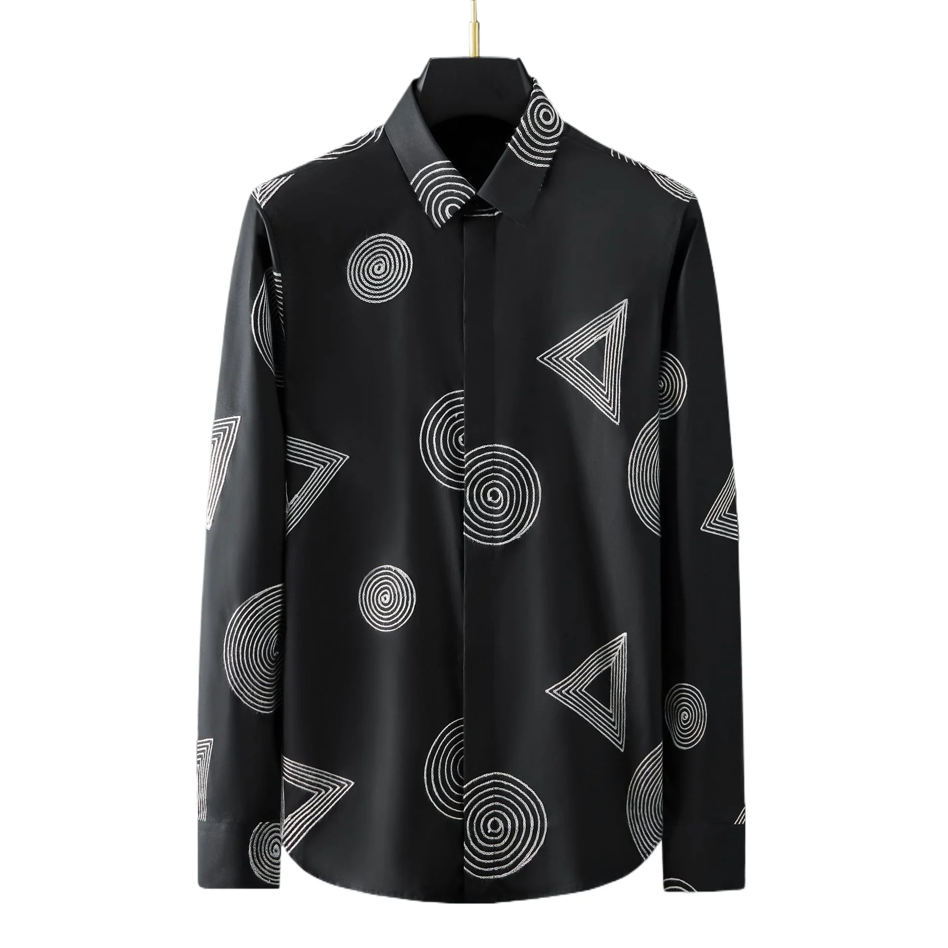 2026 Geometric Embroidered Men‘s Shirt High-quality Cotton Long Sleeve Casual Business Dress Shirts Banquet Social Man Clothing