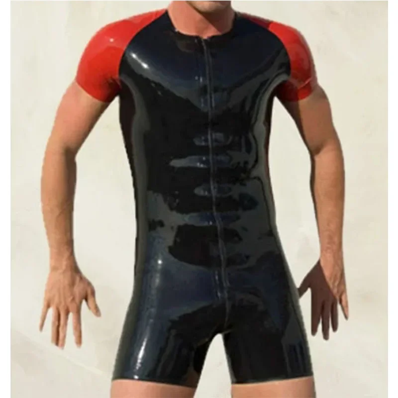 

Handmade Male Fashion Latex Catsuit Fetish Front Zip Black with Red 0.4mm Rubber Size XXS-XXL for Men