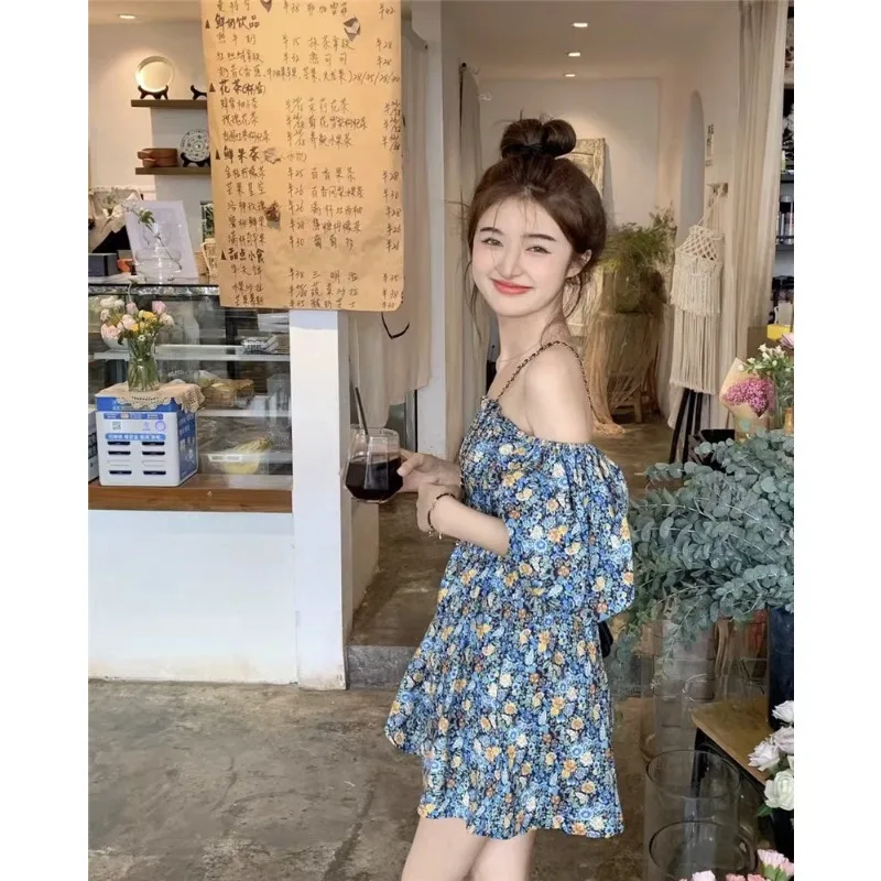 Women's Summer Casual Floral Print Ruffle Jumpsuits Mori Girl Style One-line Collar Loose Kawaii One-piece Clothing