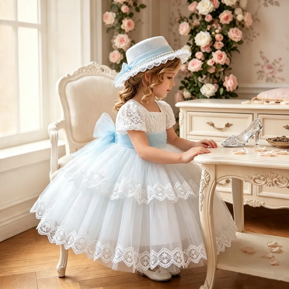 Baby Girl Princess Polyester Dress with Puff-Short Flower Accents Sweet Birthday Wear for Celebration Occasions