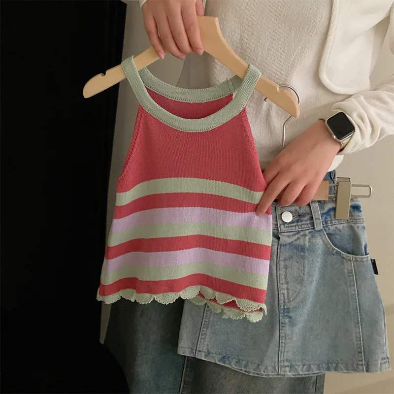 

Girls' Set 2023 Summer New Korean Edition Colorful Stripe Knitted Strap Tank Top Fashion Versatile Denim Skirt Seaside Set