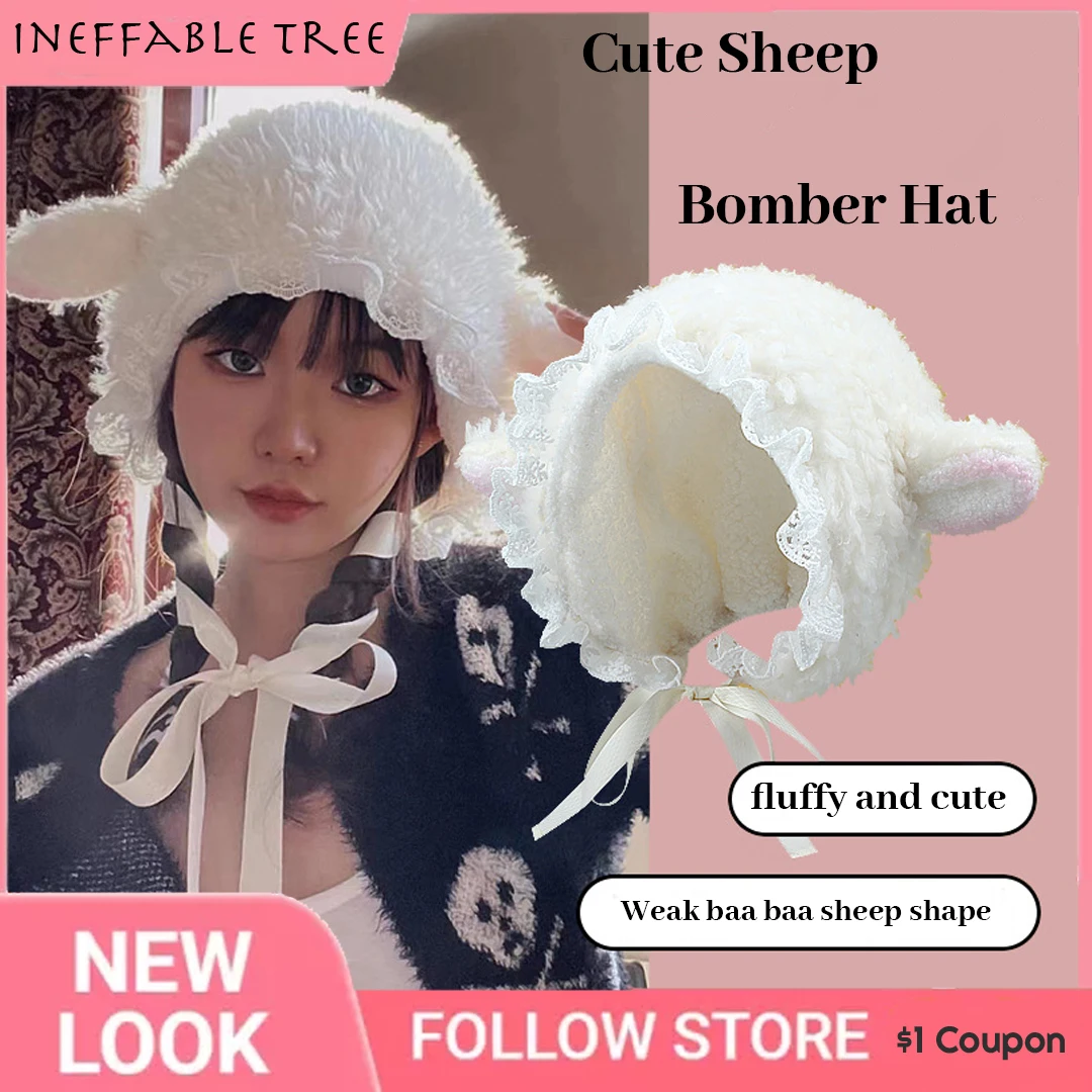 

Lolita Lace Hat Handmade Sheep Ear Plush Women's Beret Autumn Winter Cute Lamb Wool Bomber Caps Warm Y2K Plush Gorras