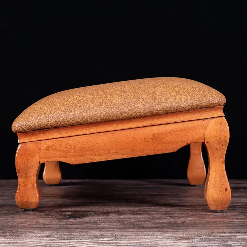 Square Wooden Footstool Carved Yellow Coffee Table Stool Home Decor Cushion Seat Family Gift Niche Worship Mat Furniture