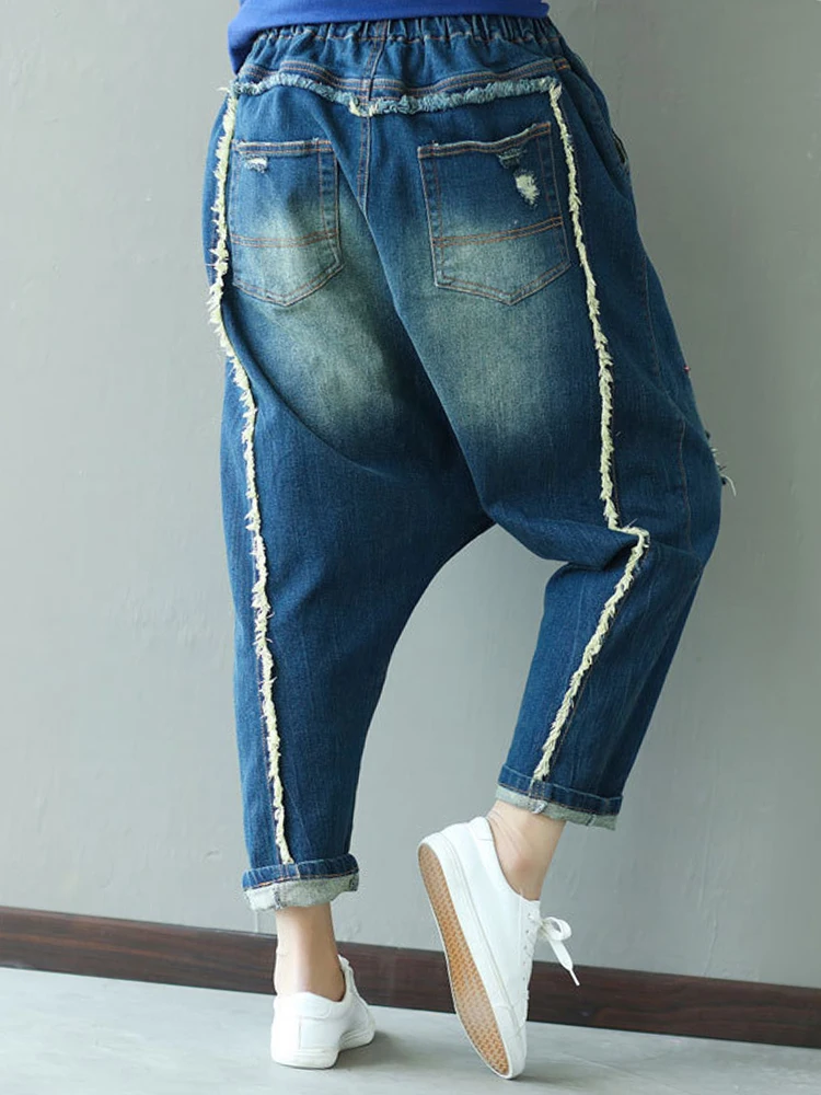 Amax LuluE 2025 Females Classic Embroidery Denim Trousers Ladies Fashion Loose Floral Cross Pants Vintage Leisure Ripped Jeans