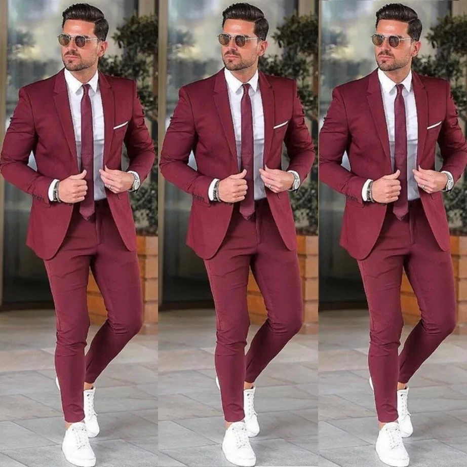 

Elegant Custom Burgundy Men Suit Blazers For Party Prom 2 Pieces Red Suit For Men Groom Wedding Suits Notched Lapel Mens Tuxedos