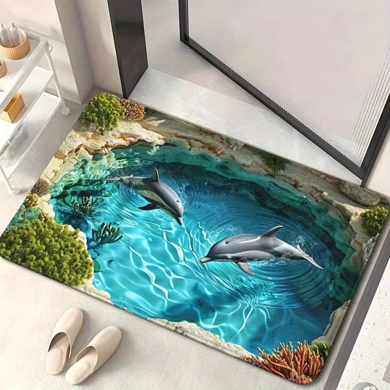 3D Ocean Themed Door Mat With Koi Fish Cliff Pool Dolphins Designs Artistic Realistic Print Mat Floor Mat For Entryway Doorstep