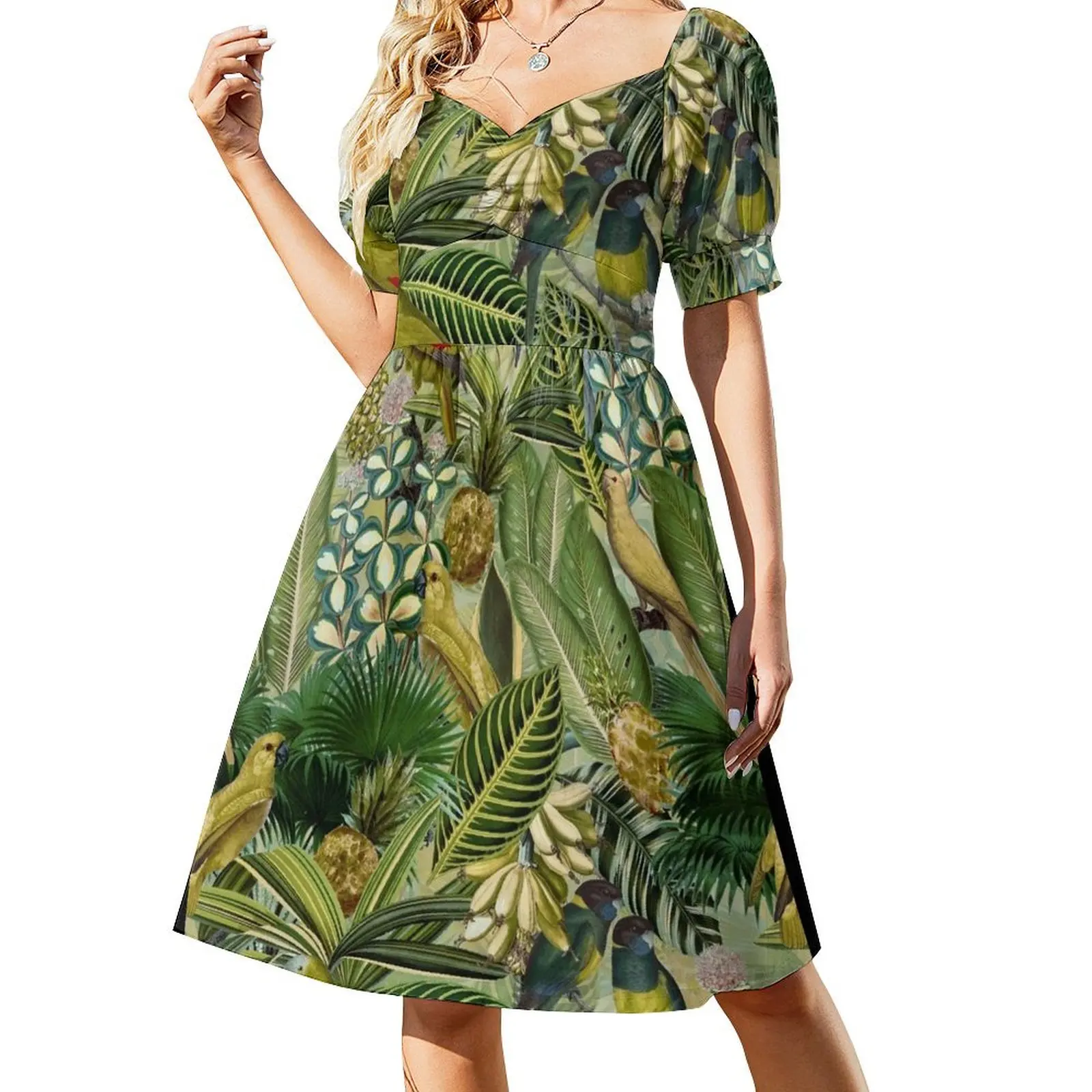 

Vintage Green Tropical Bird Jungle Botanical Night Garden Nightgarden Short-Sleeved Dress Woman clothing dress for women 2025