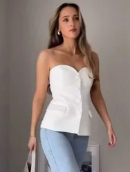 HH Summer Women Elegant White Top Front Button Corset Tube Top Strapless Sleeveless 2024 Fashion Y2k Female Chic Top