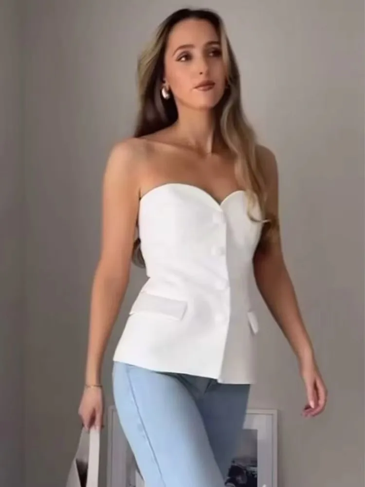 HH Summer Women Elegant White Top Front Button Corset Tube Top Strapless Sleeveless 2024 Fashion Y2k Female Chic Top