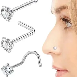 1Piece 20G Surgical Steel Zircon L Shape Nose Stud Piercing Earring 4 Prong Nostril Nose Rings Boho Bohemian Body Jewelry