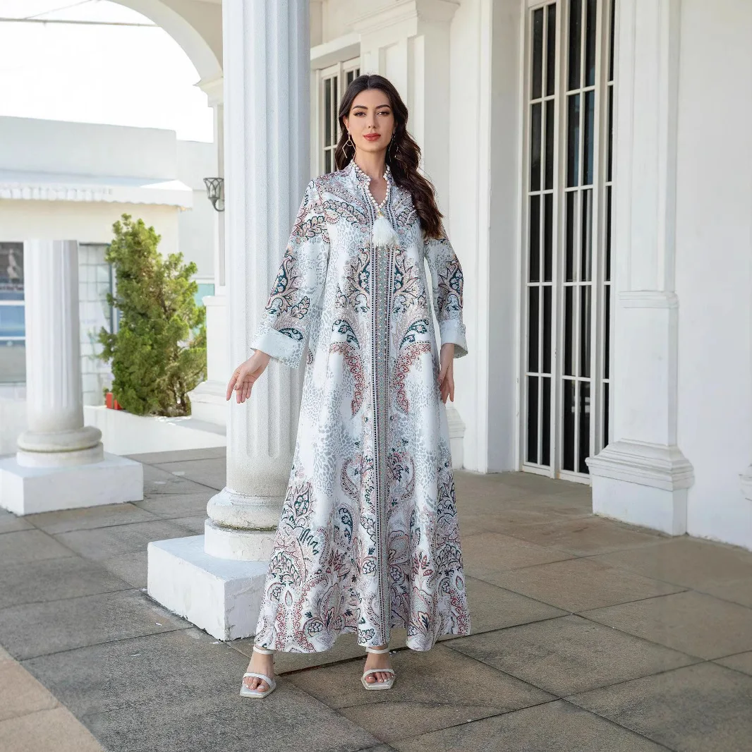 Sw1104 มุสลิมสตรี Robe พิมพ์เพชร Studded ลูกปัดอาหรับชุด Abayas Robe Abaya Ramadan ดูไบหรูหราอิสลาม Elegant