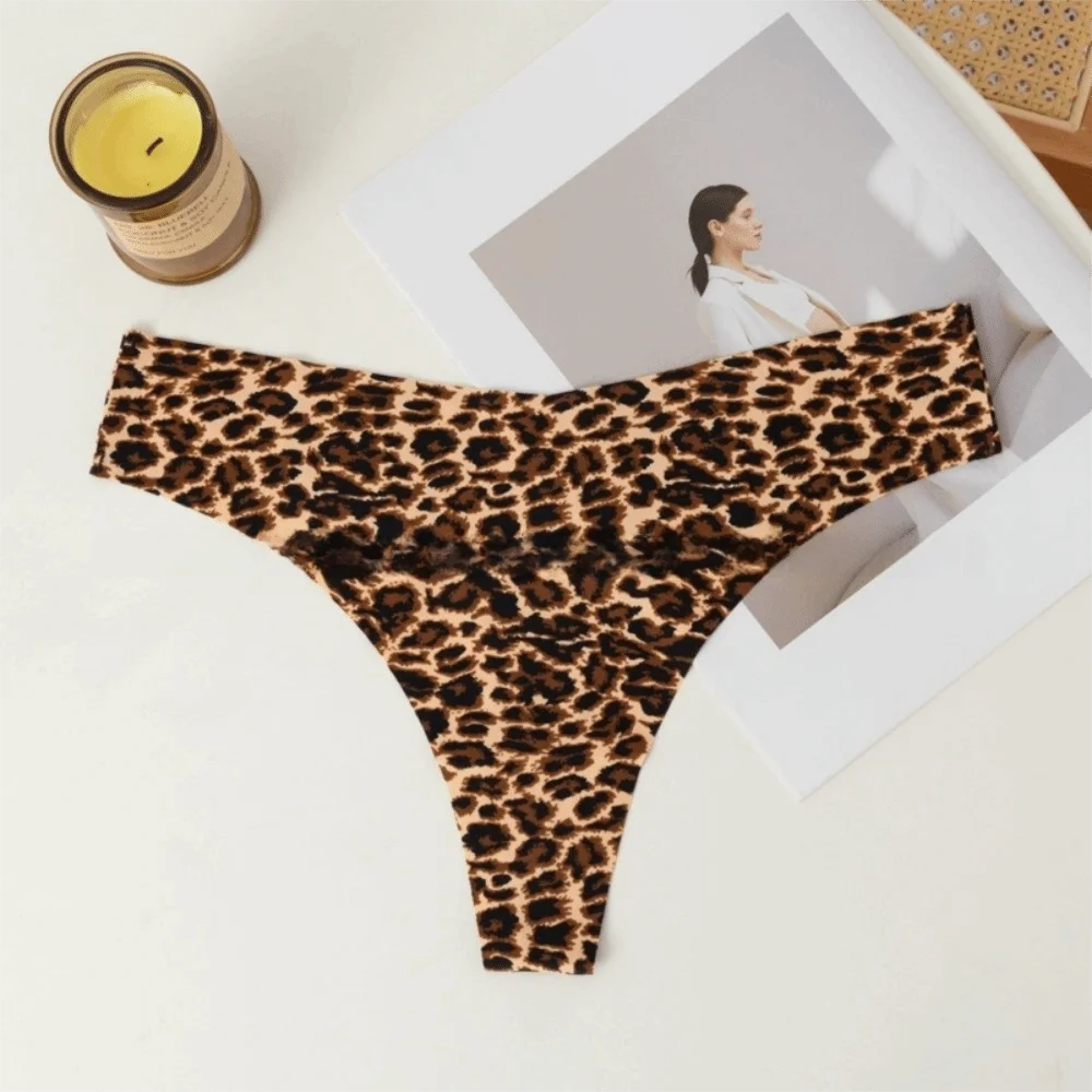 Comfortable Ice Silk Women's Thongs Low Waist Lingerie Leopard Print Panties Thin Female Underwear Casual Wear