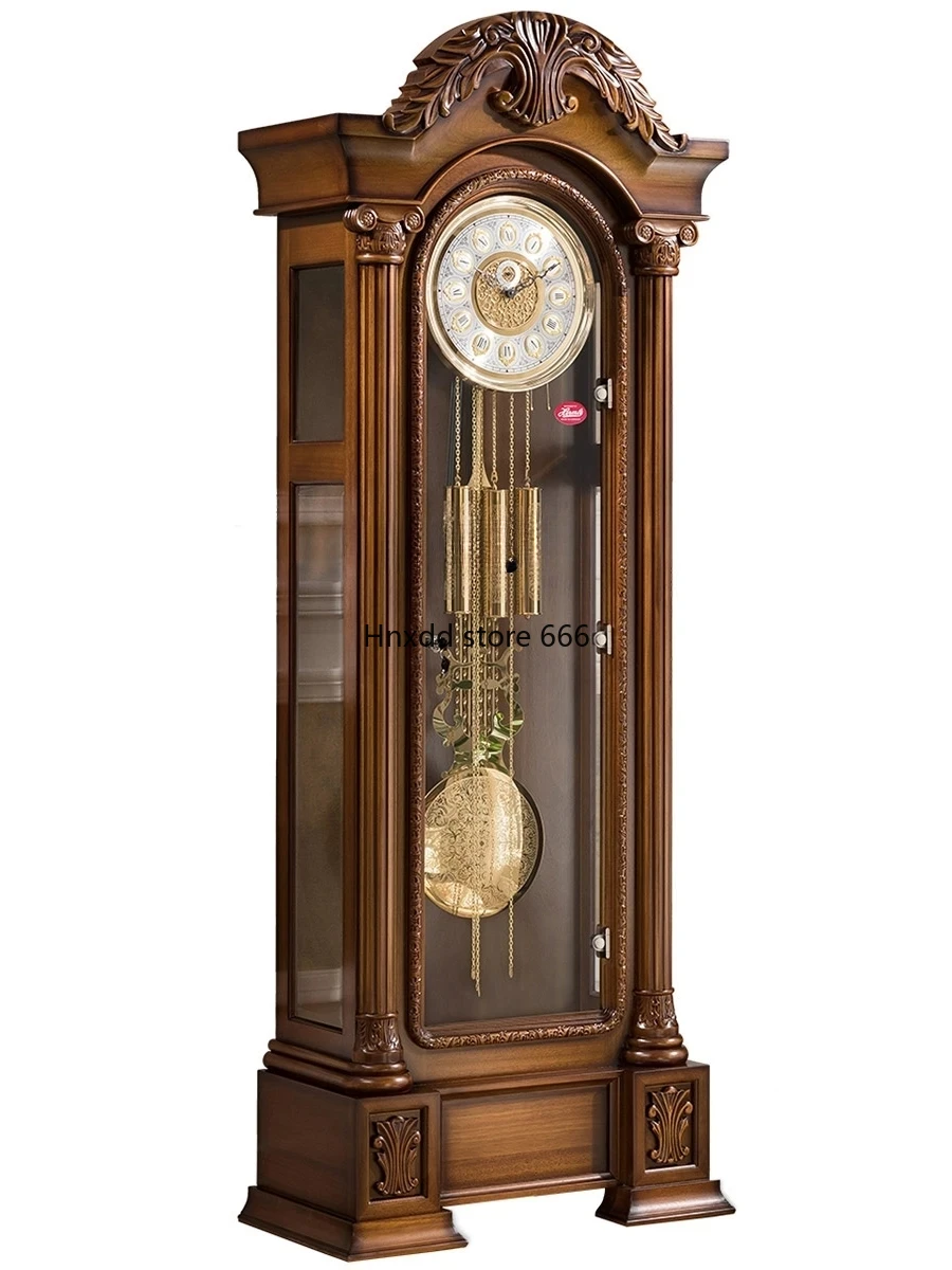 German Hermle Movement European the Grandfather Clock Mechanical Living Room Clock Solid Wood Carved Classical Copper Bell