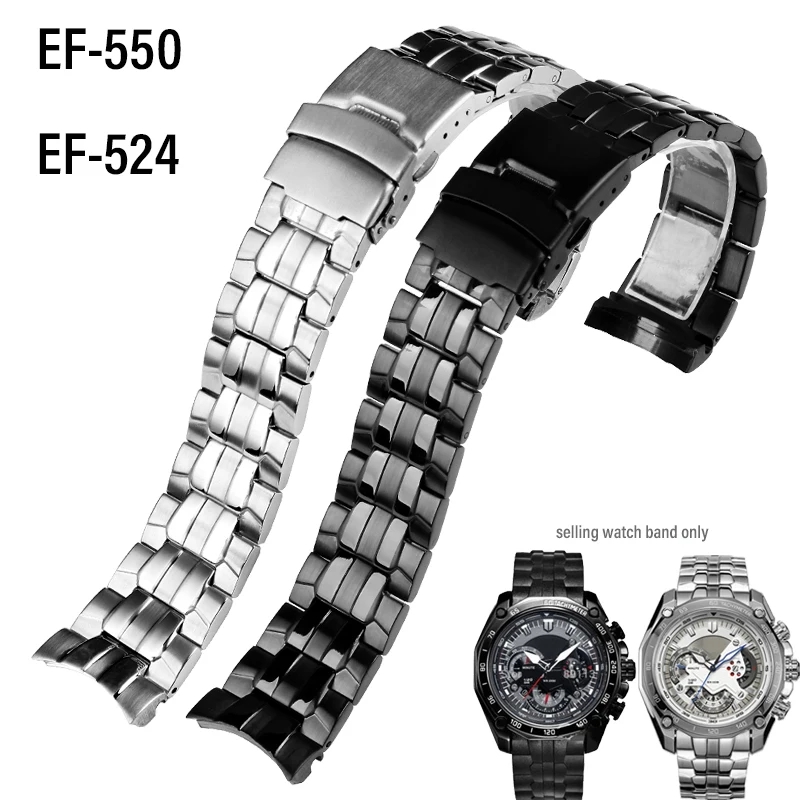 For Casio EF-550 EF-524 Stainless Steel Watchband Silver Black Strap Deployment Buckle Bracelet Metal Belt Men\'s Watch Chain