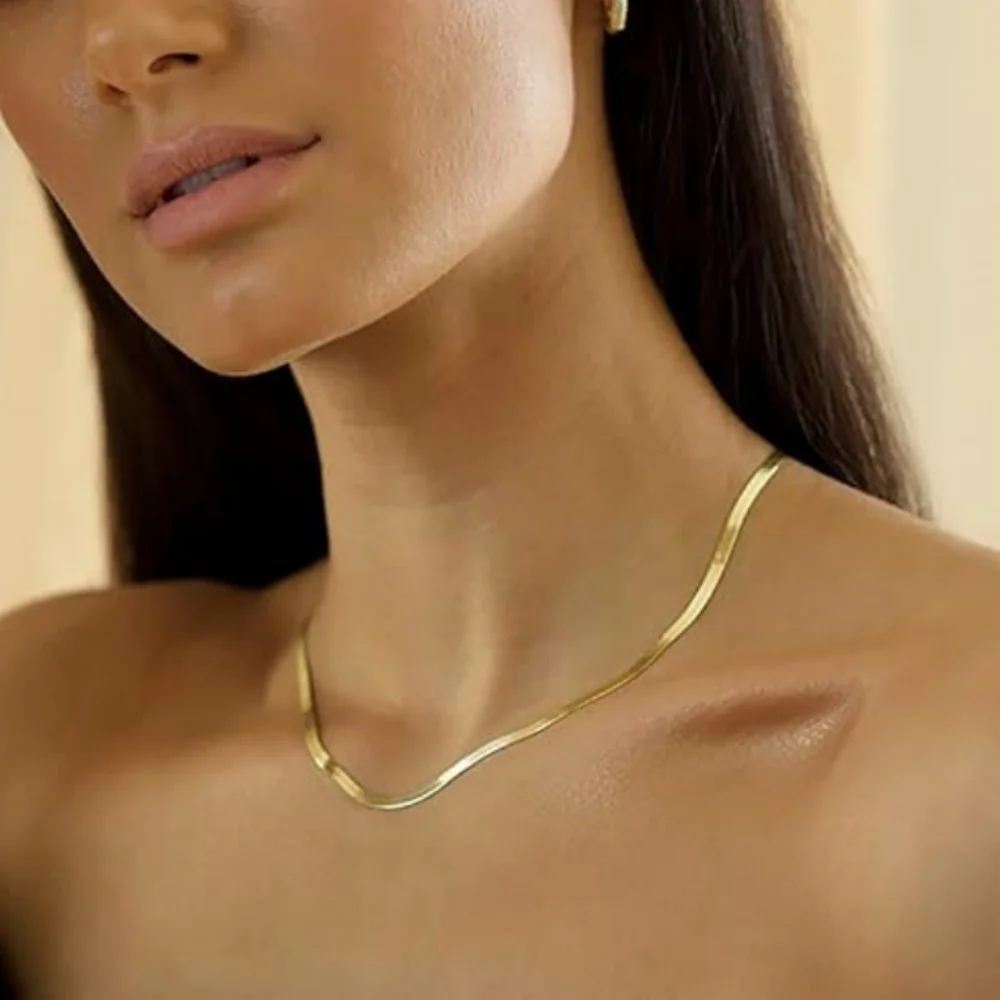 Trendy Gold Necklace for Women Men Silver Color Snake Chain Dainty Simple Flat Herringbone Choker Necklaces Jewelry for Women