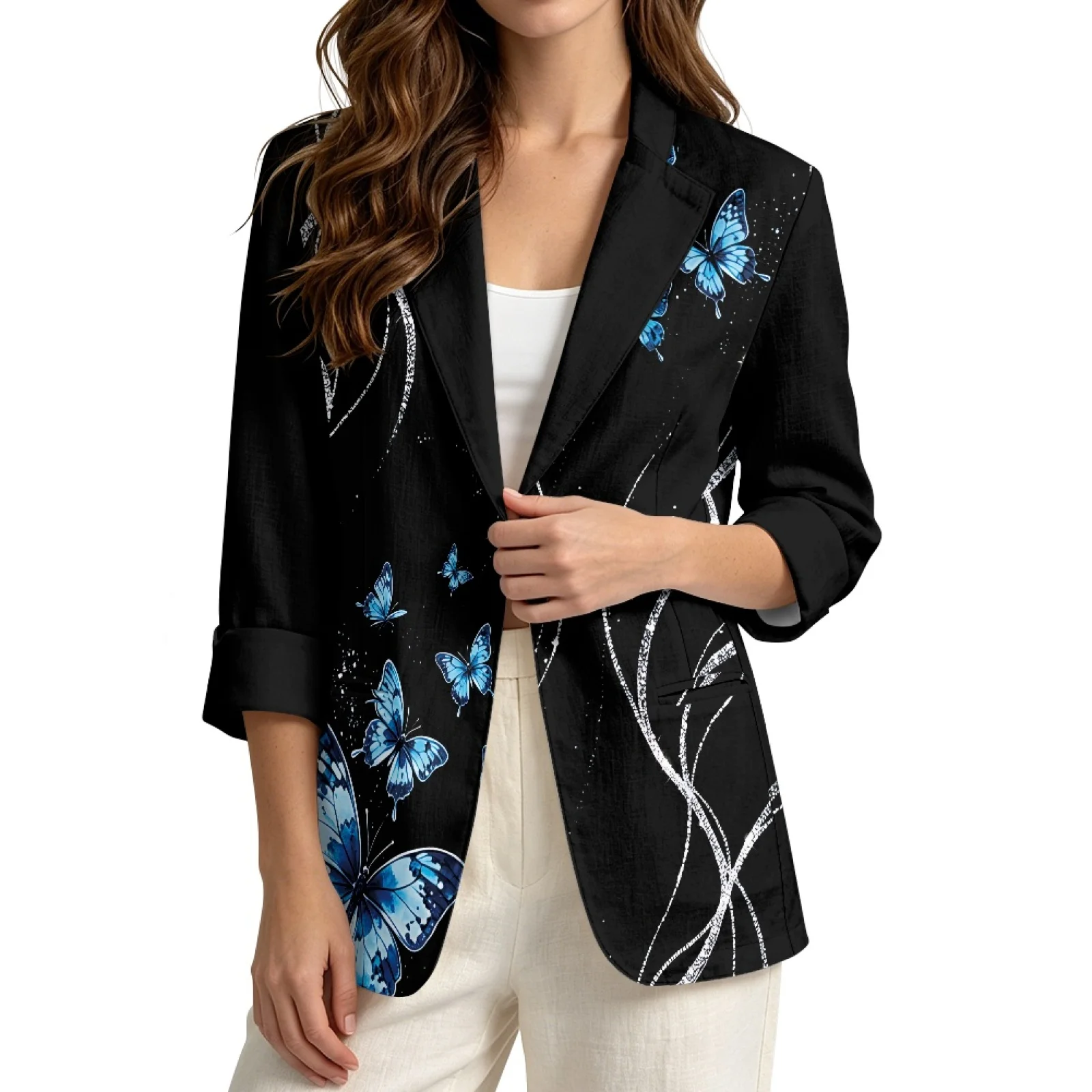 PENSTROLL Loose Linen Style Layering Tank Jacket Casual Cardigan Coat for Daily Wear Blue Butterfly Swirl
