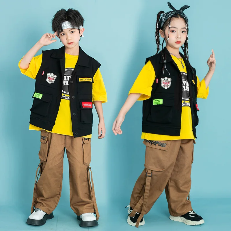 Kid Hip Hop Clothing Black Print Sleeveless Jacket Vest Brown Casual Street Strap Cargo Pants for Girl Boy Dance Costume Clothes