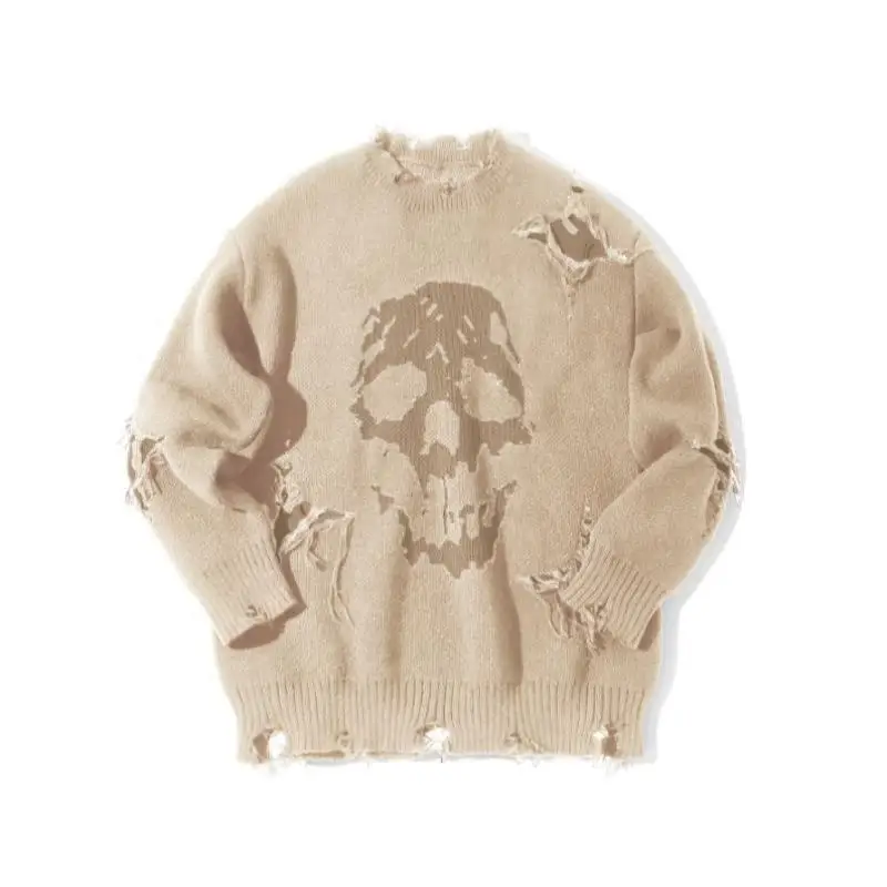 

loween Skull Ripped Sweater Trendy Polyester Crew Thiened Nine-Quarter Sve Collar Women's Ciwalk Knitted Sweater